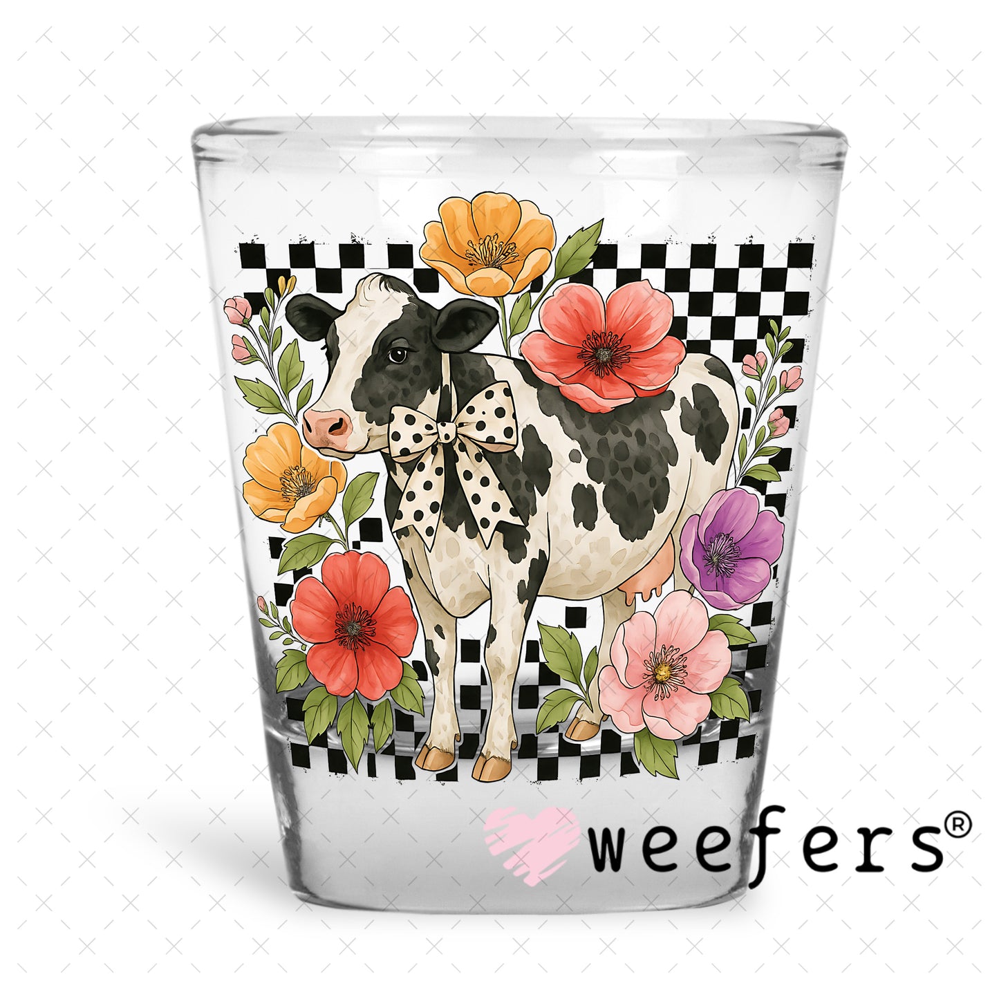 UV DTF Decal - Checkered Flower Cow Shot Glass Heavy Base Weefers