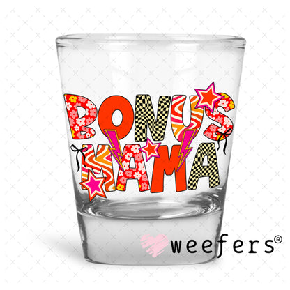 UV DTF Decal - Bonus Mama Red Orange Checkers Shot Glass Heavy Base Weefers