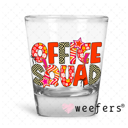 UV DTF Decal - Office Squad Red Orange Checkered Shot Glass Heavy Base Weefers