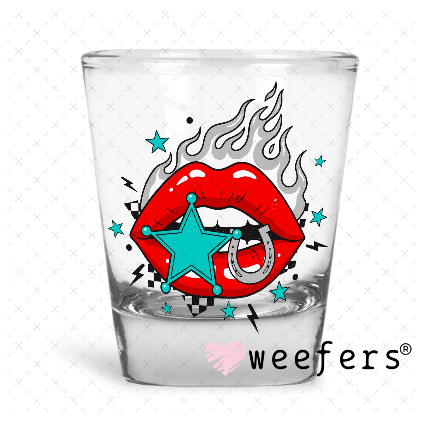 UV DTF Decal - Flame Lips Teal Red Shot Glass Heavy Base Weefers