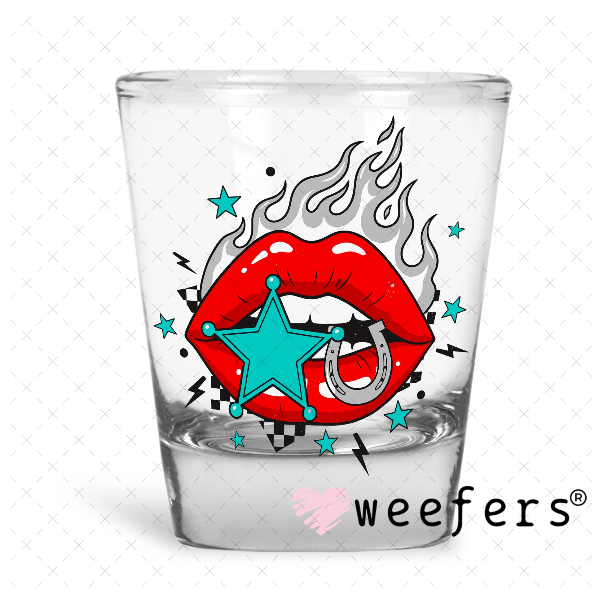 UV DTF Decal - Flame Lips Teal Red Shot Glass Heavy Base Weefers