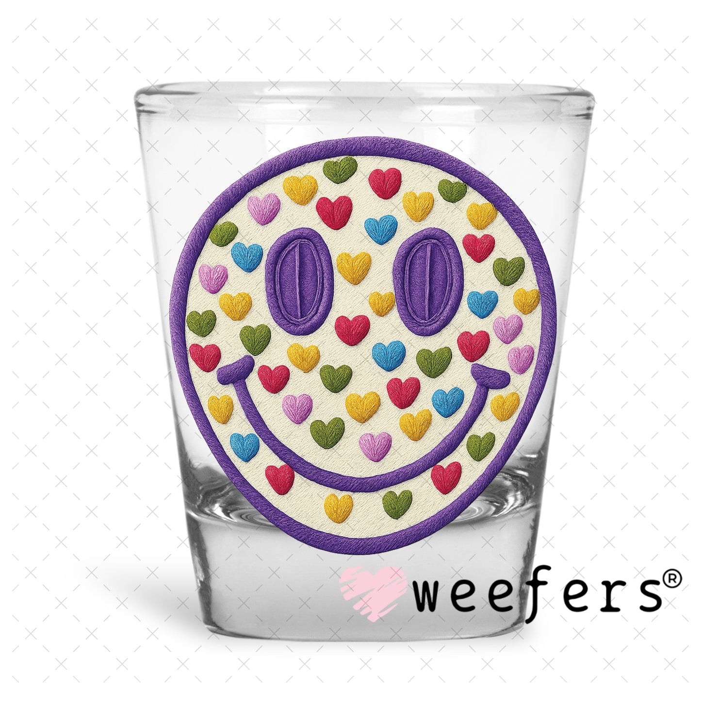 UV DTF Decal - Smiley Face Purple and Colored Hearts Shot Glass Heavy Base Weefers