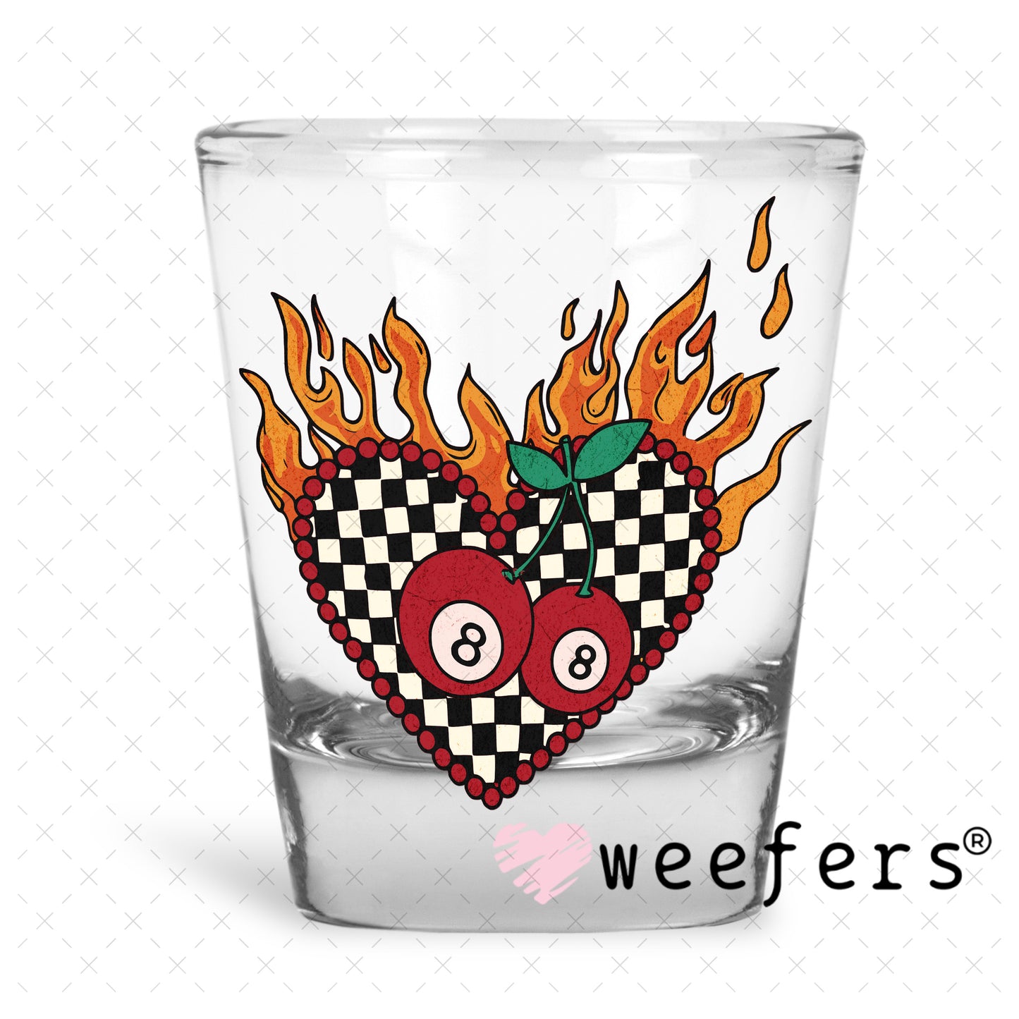 UV DTF Decal - Fire Heart Eight Balls Shot Glass Heavy Base Weefers