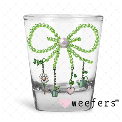 UV DTF Decal - Pearl Green Bow Gardening Shot Glass Heavy Base Weefers