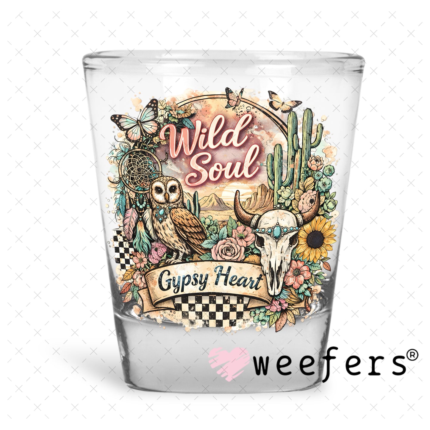 UV DTF Decal - Wild Soul Gypsy Heart Shot Glass Heavy Base Weefers