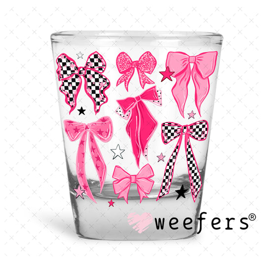 UV DTF Decal - Pink Checkered Bows Shot Glass Heavy Base Weefers