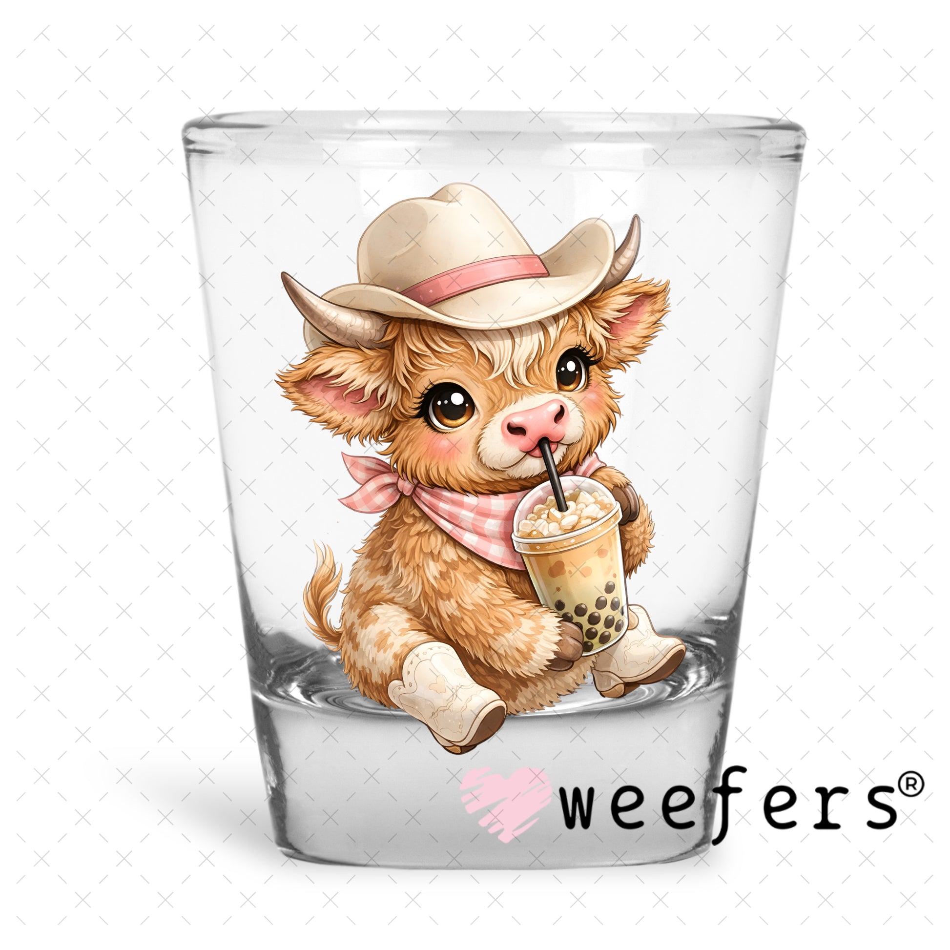 UV DTF Decal - Brown Cowgirl Cow Boba Shot Glass Heavy Base Weefers