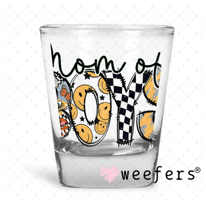 UV DTF Decal - Mom of Boys Checkered Shot Glass Heavy Base Weefers