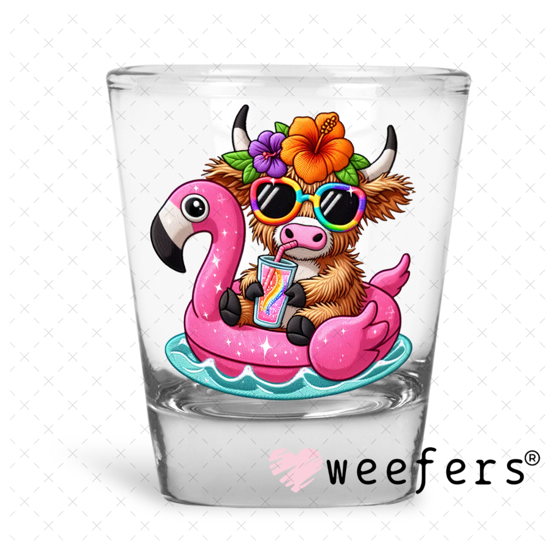 UV DTF Decal - Floating Highlander Cow Shot Glass Heavy Base Weefers