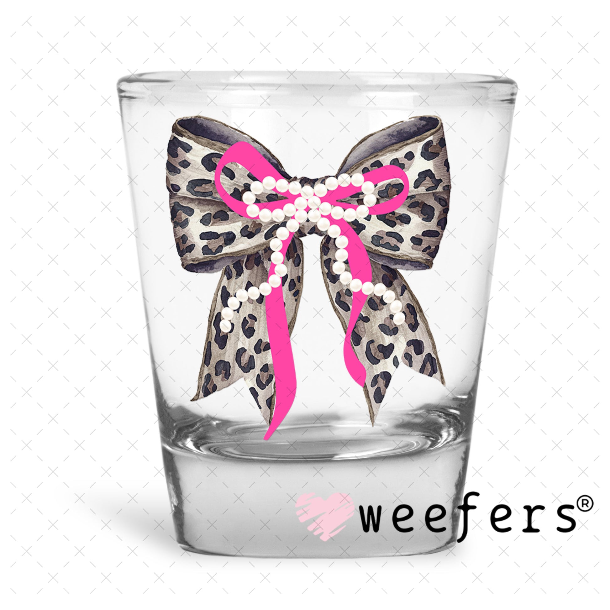 UV DTF Decal - Black Pink Pearl Leopard Bow Shot Glass Heavy Base Weefers