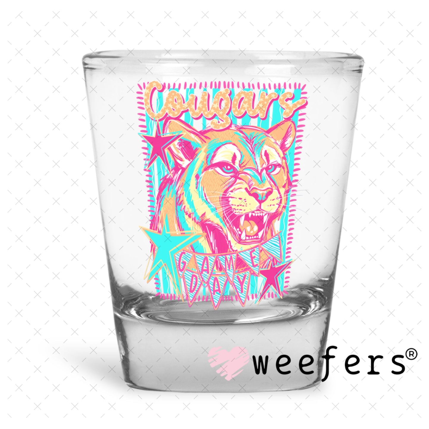 UV DTF Decal - Cougars Game Day Colorful Mascot Shot Glass Heavy Base Weefers