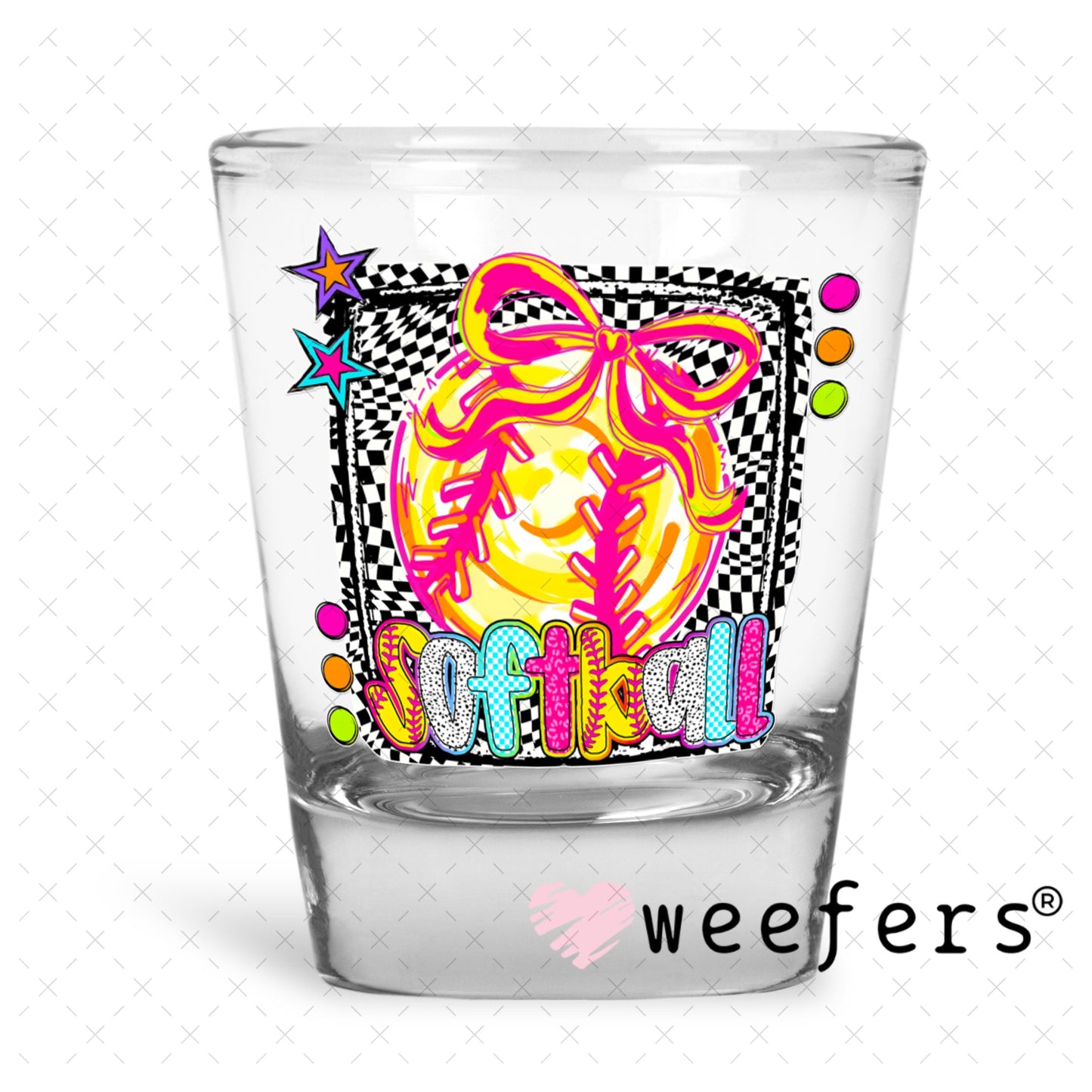 UV DTF Decal - Softball Checkered Shot Glass Heavy Base Weefers