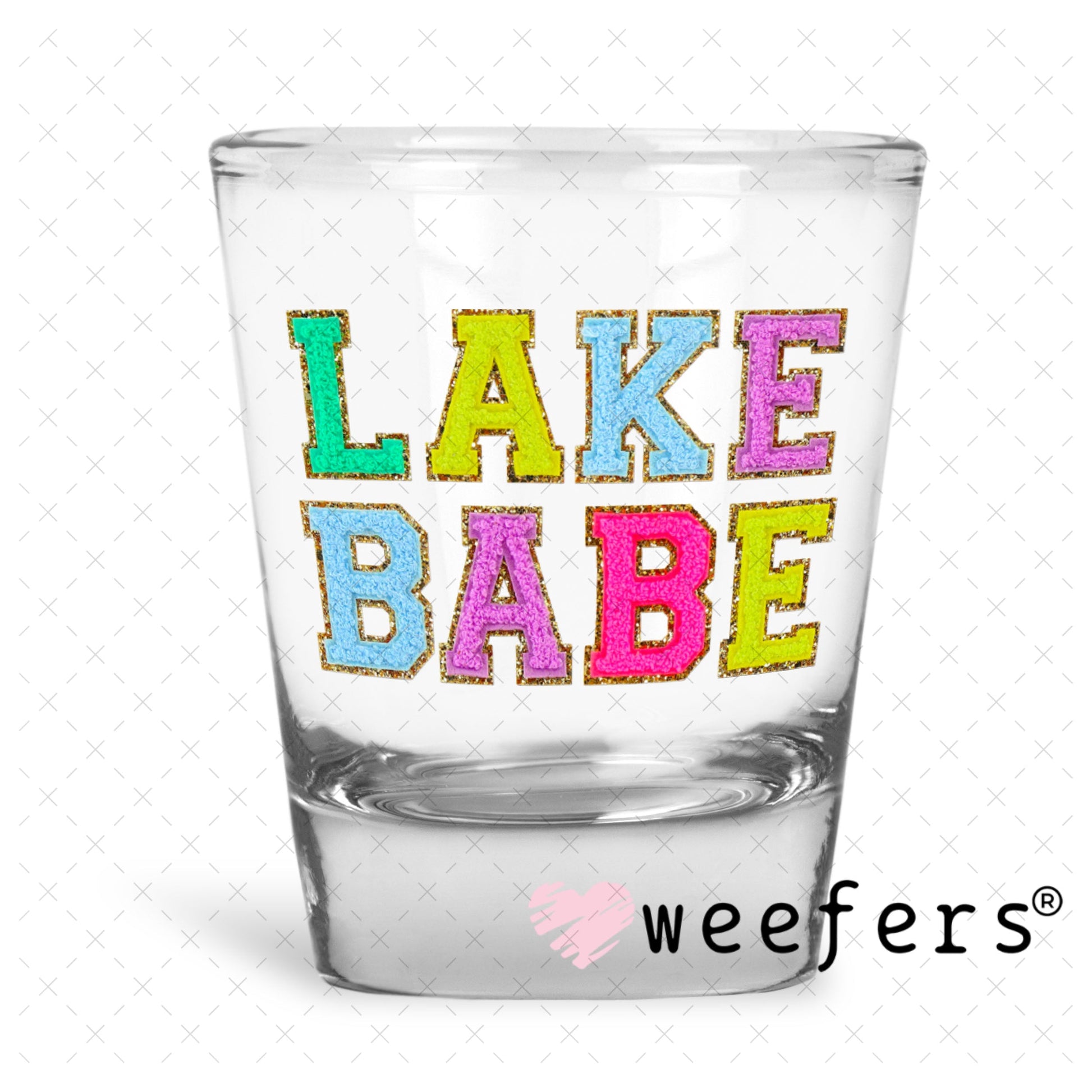 UV DTF Decal - Faux Chenille Lake Babe Shot Glass Heavy Base Weefers