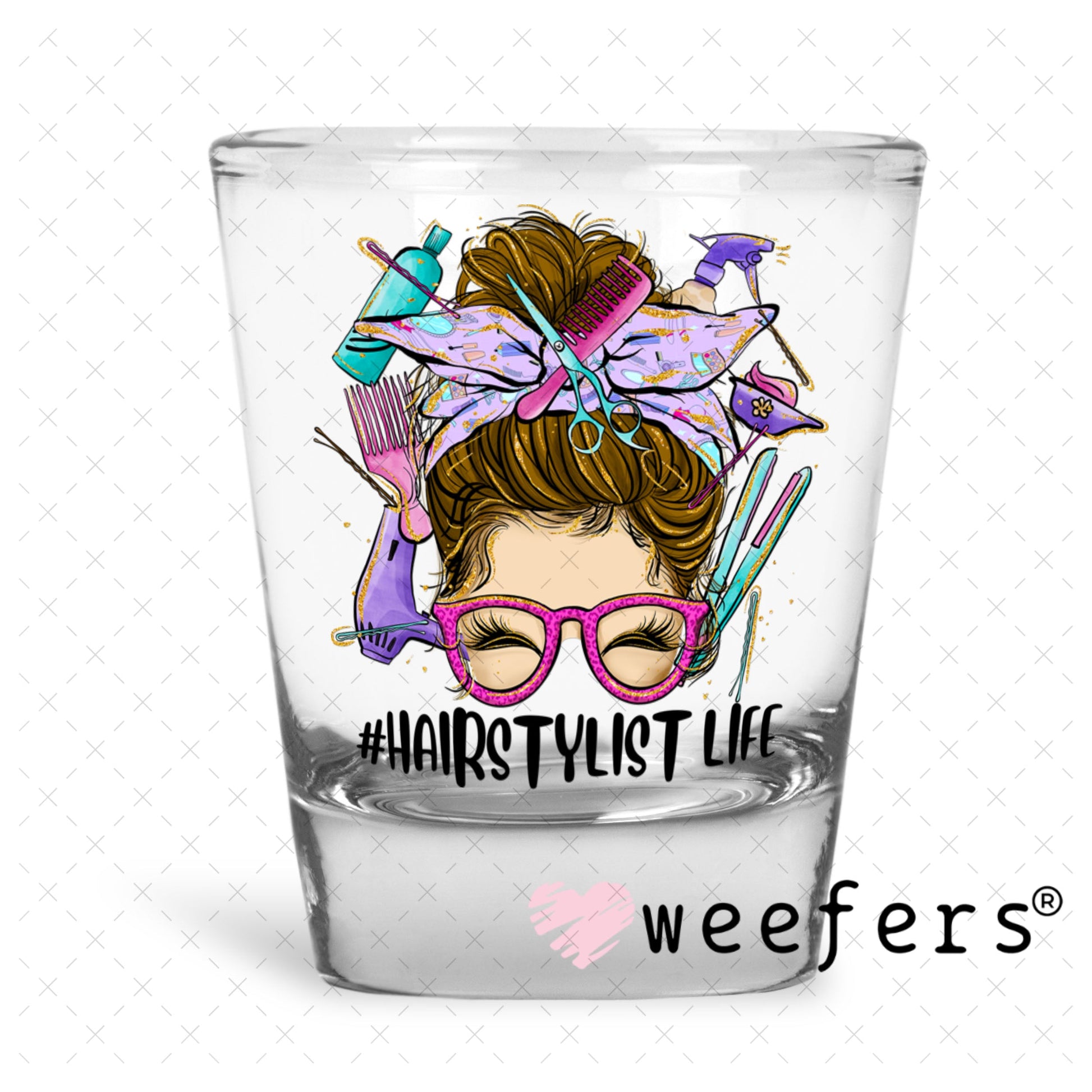 UV DTF Decal - Hair Stylist Life Messy Bun Shot Glass Heavy Base Weefers