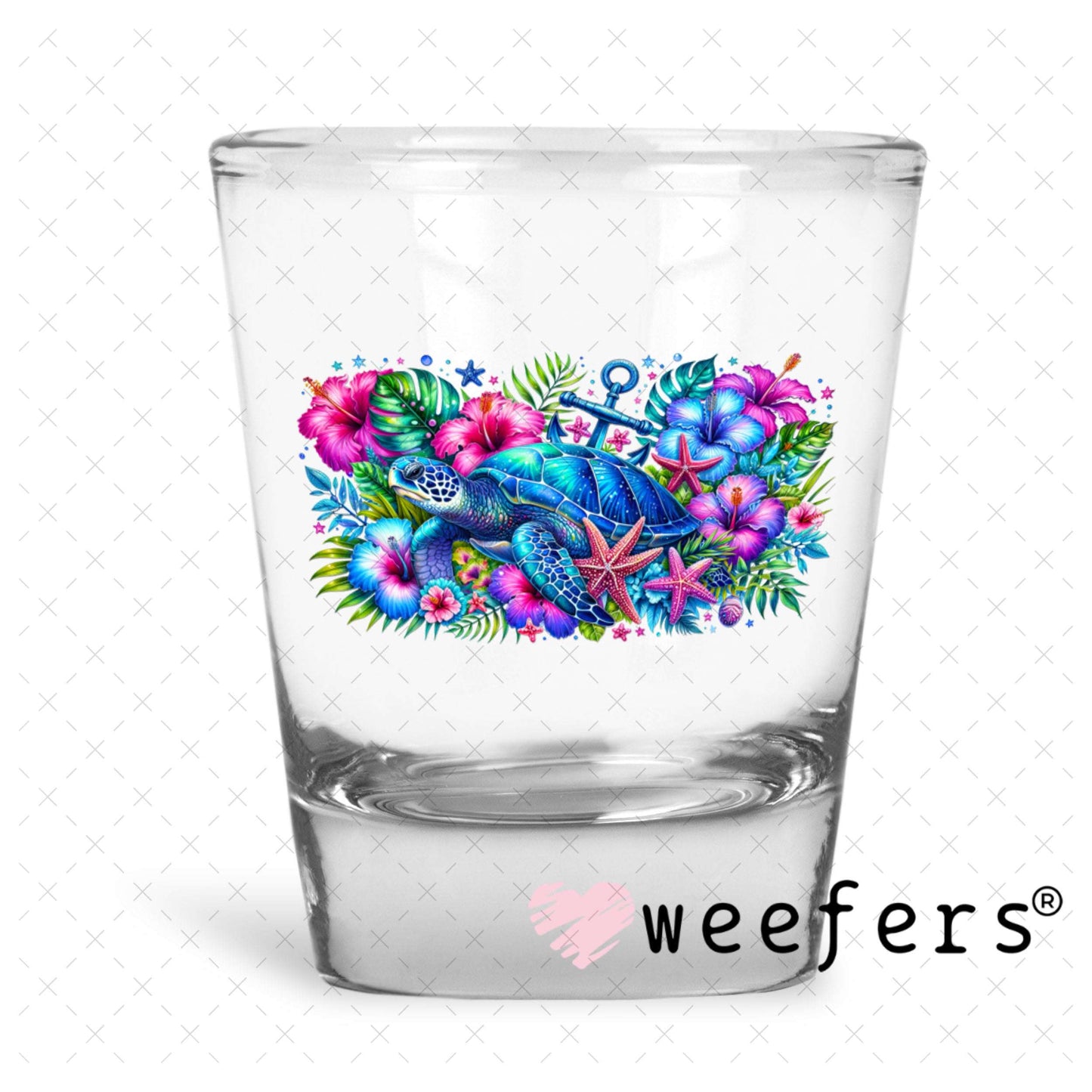 UV DTF Decal - Blue and Magenta Sea Turtle Shot Glass Heavy Base Weefers