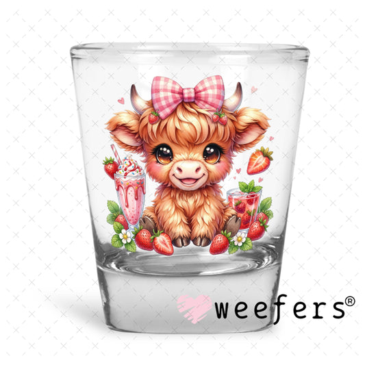 UV DTF Decal - Cute Baby Highland Cow Strawberries Shot Glass Heavy Base Weefers