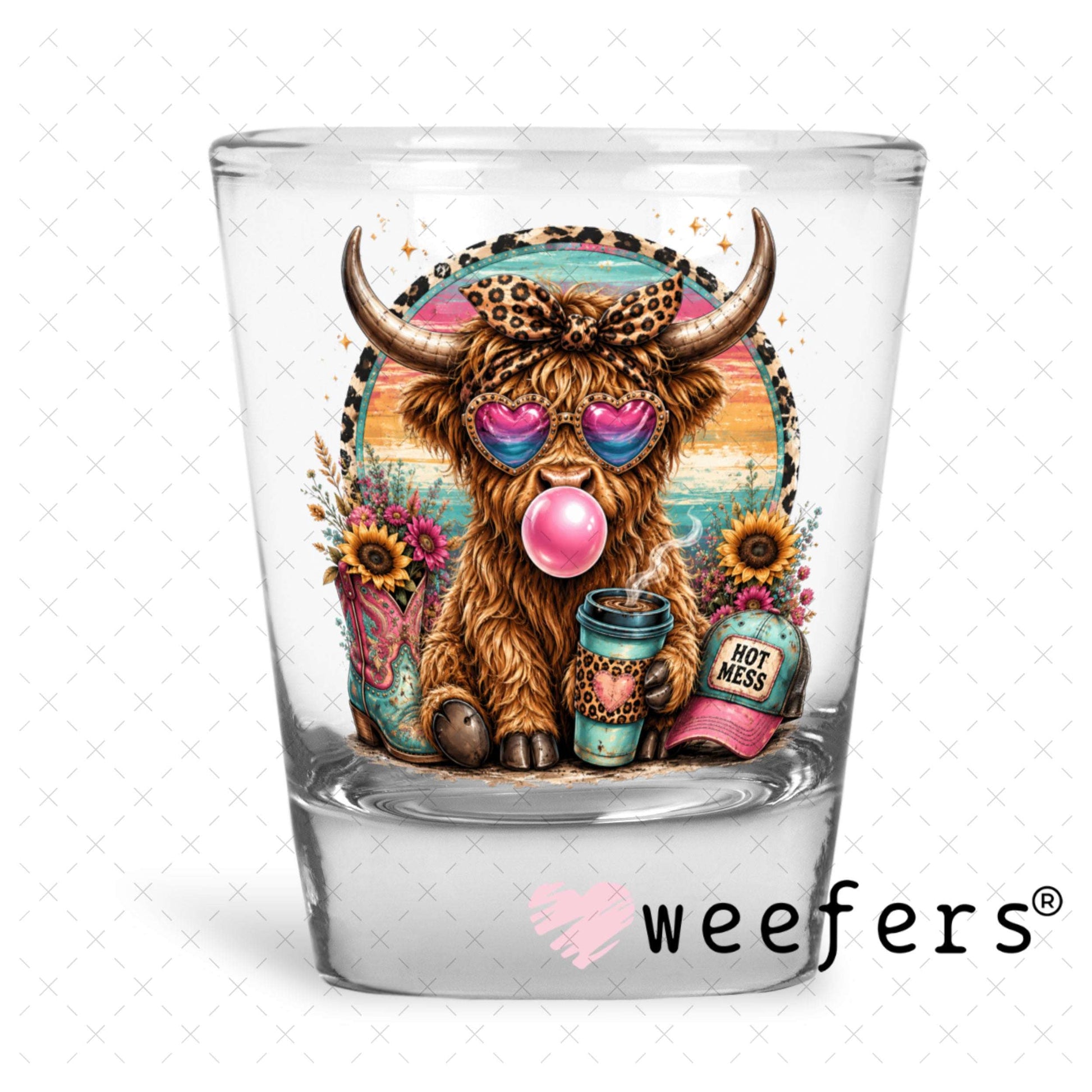 UV DTF Decal - Hot Mess Teal Pink Cow Shot Glass Heavy Base Weefers