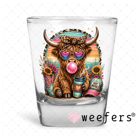 UV DTF Decal - Hot Mess Teal Pink Cow Shot Glass Heavy Base Weefers