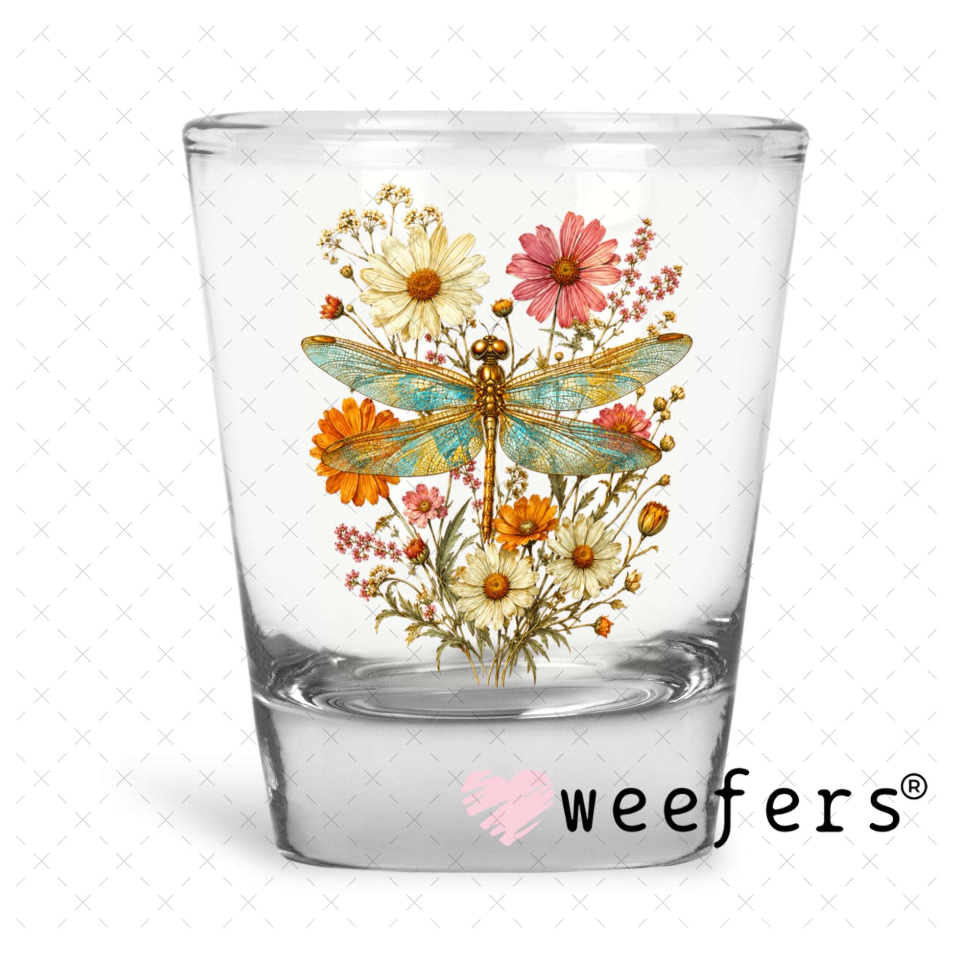 UV DTF Decal - Floral Dragon Fly Shot Glass Heavy Base Weefers
