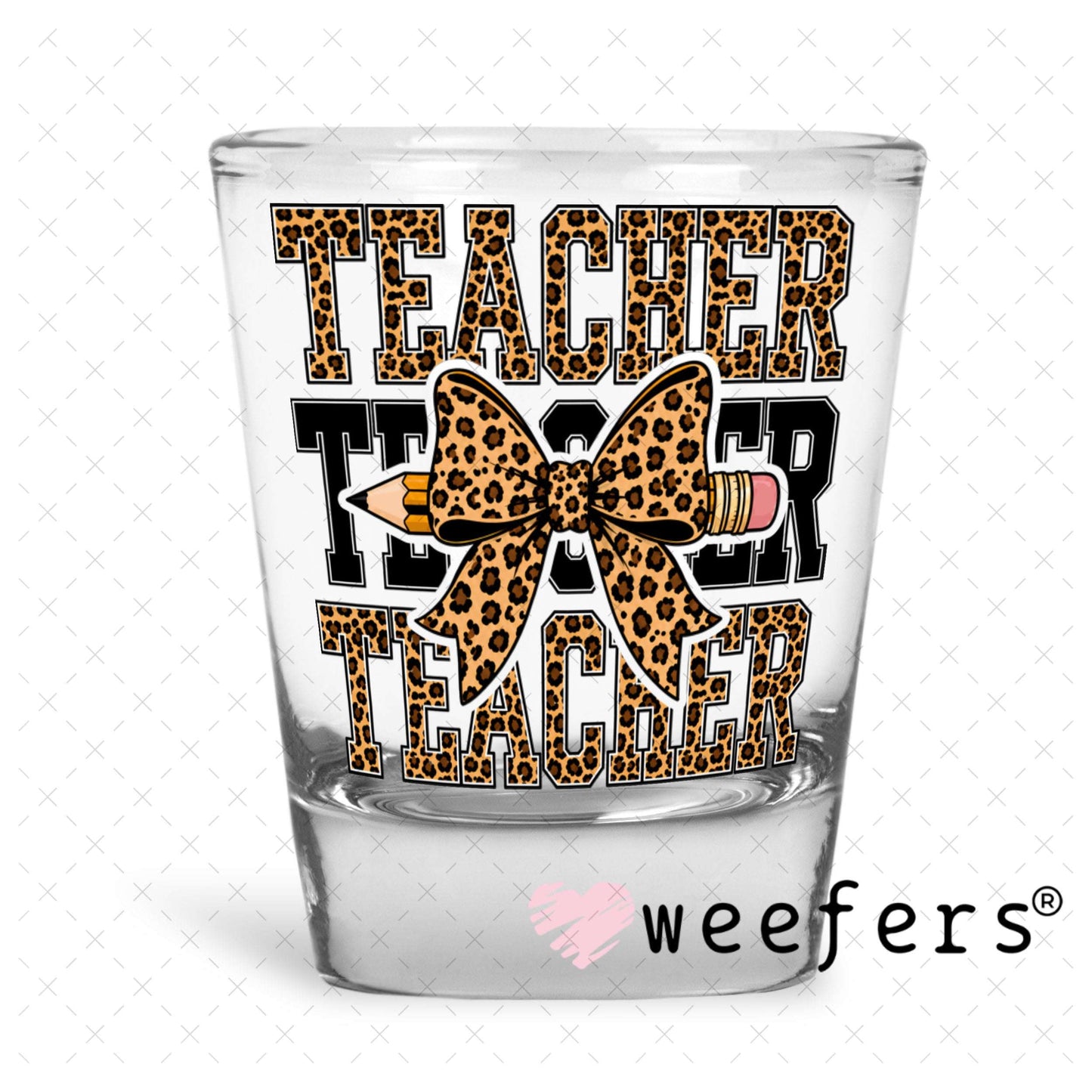 UV DTF Decal - Leopard Teacher Bow Shot Glass Heavy Base Weefers