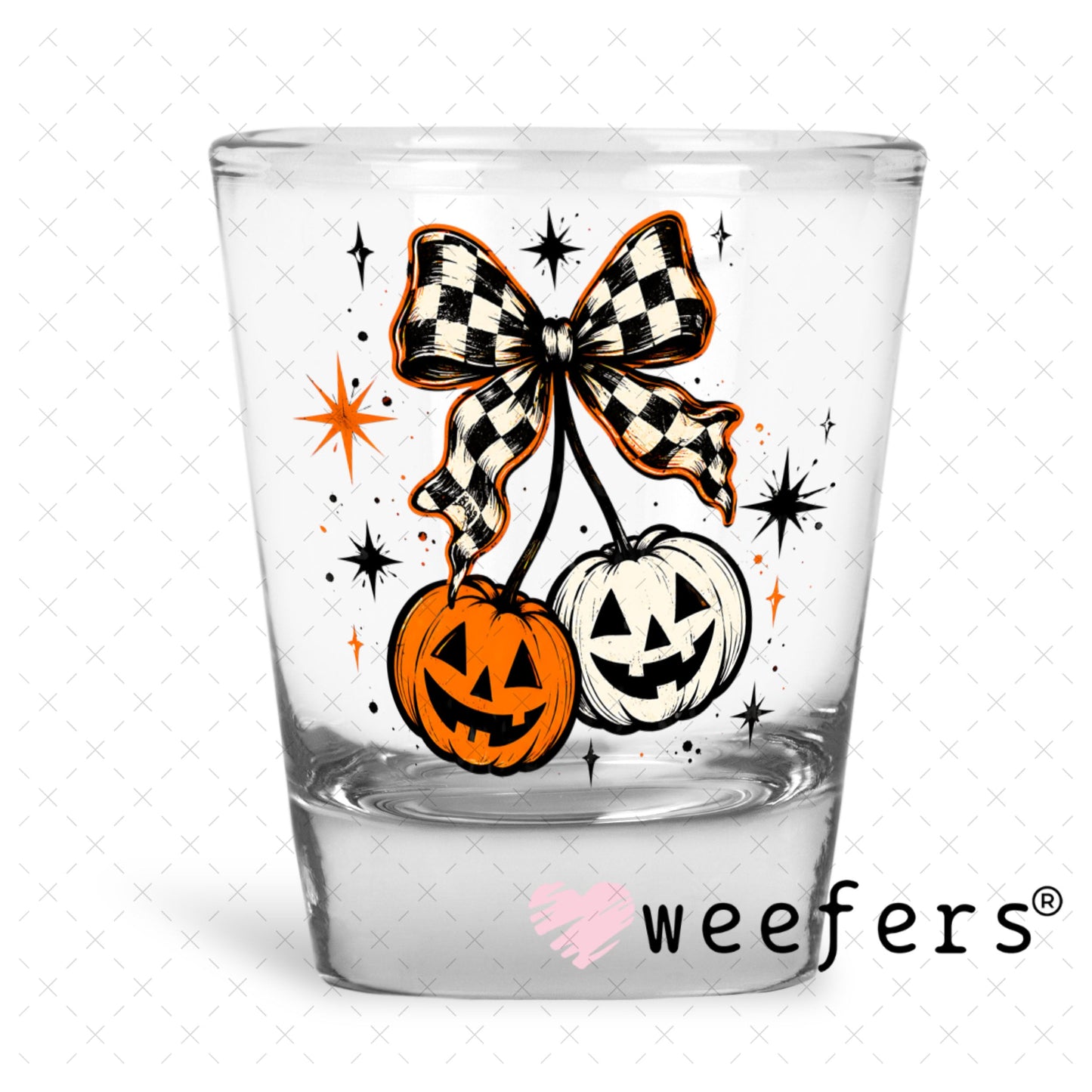 UV DTF Decal - Checkered Pumpkin Cherries Shot Glass Heavy Base Weefers