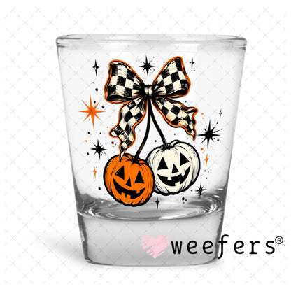 UV DTF Decal - Checkered Pumpkin Cherries Shot Glass Heavy Base Weefers