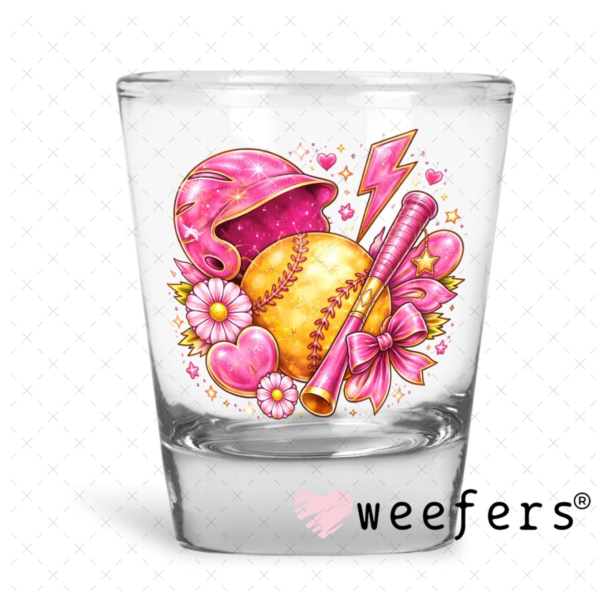 UV DTF Decal - Pink Softball Vibes Shot Glass Heavy Base Weefers