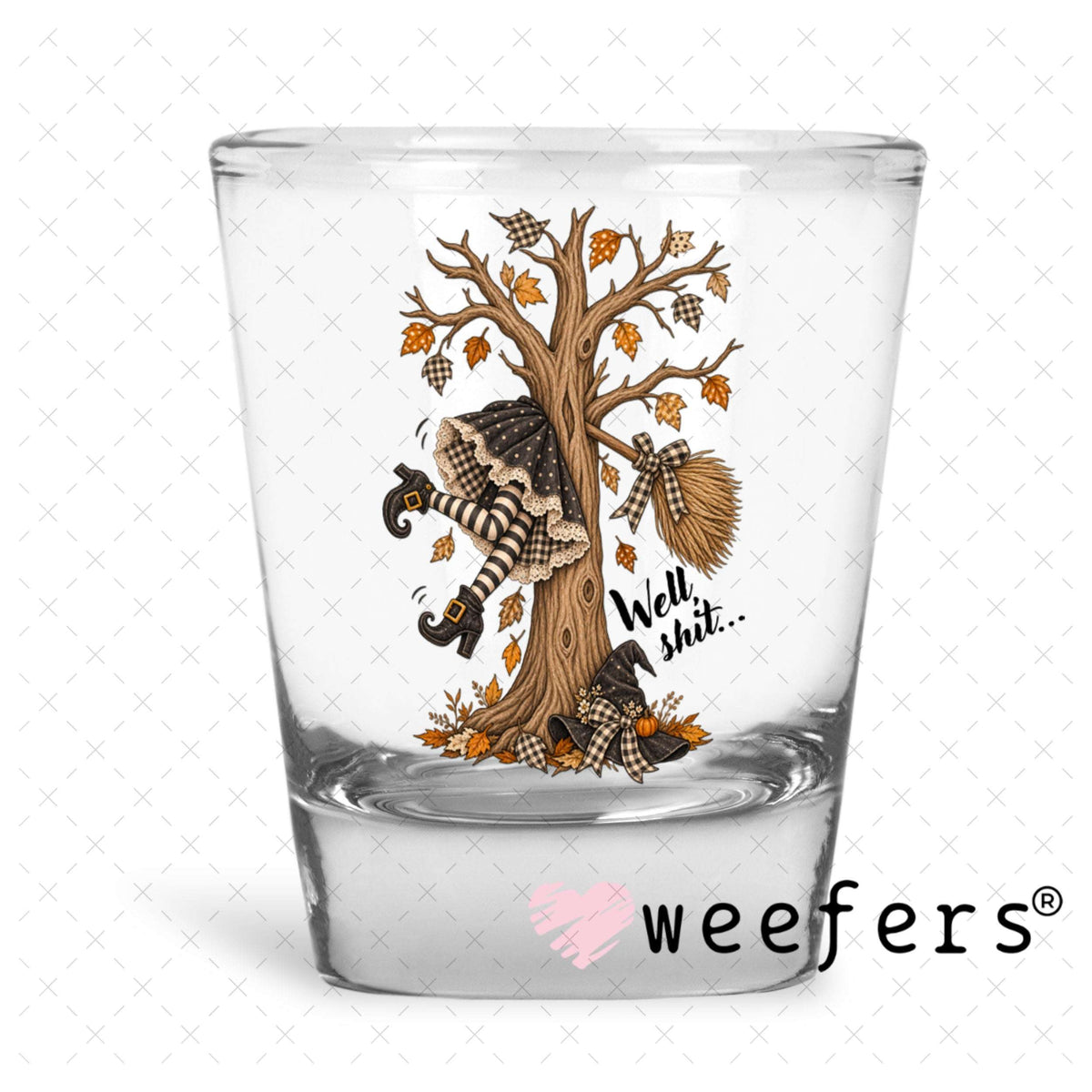 UV DTF Decal - Well Sh$t halloween Witch Tree Shot Glass Heavy Base Weefers