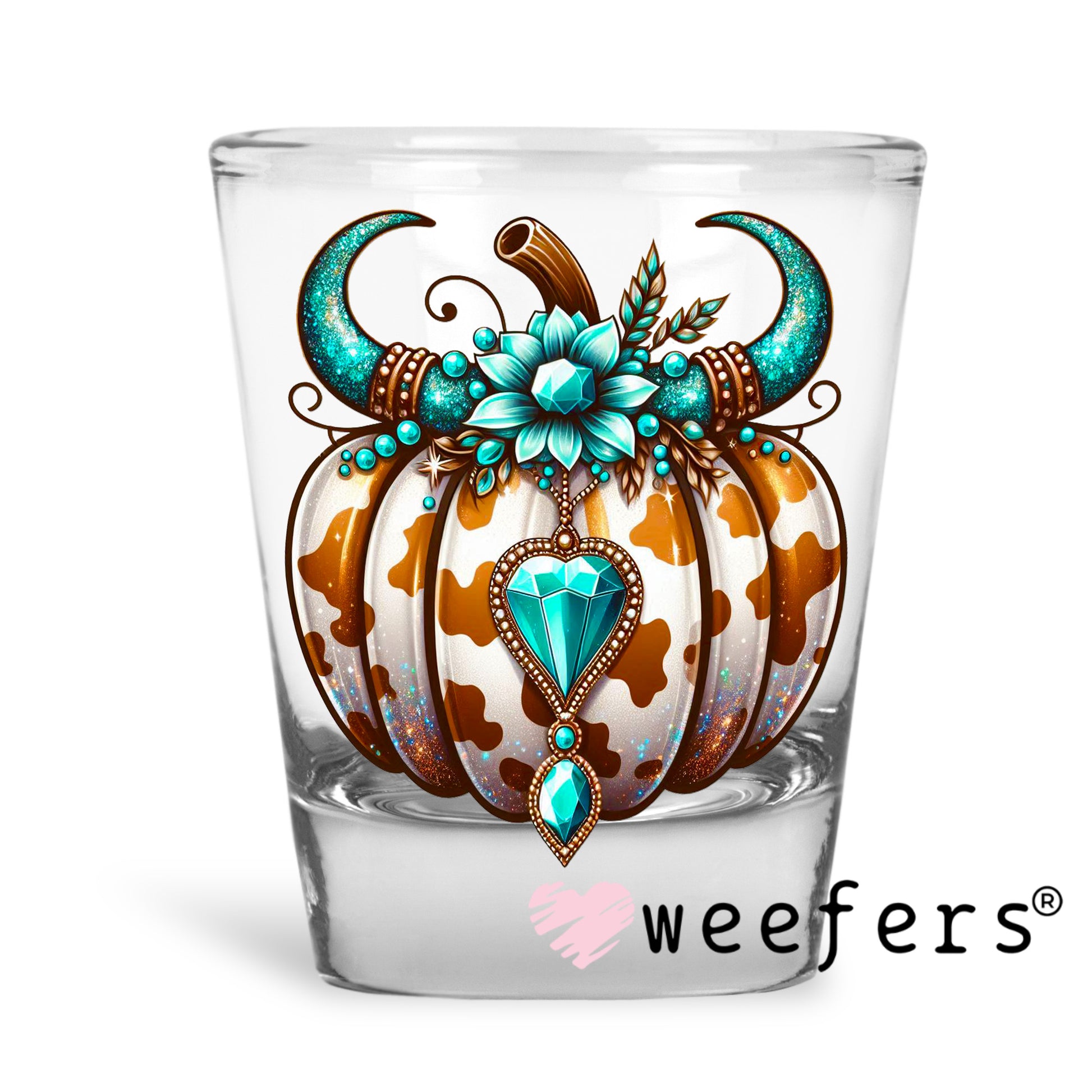 Turquoise Brown Cow Print Pumpkin UV DTF Shot Glass Decal