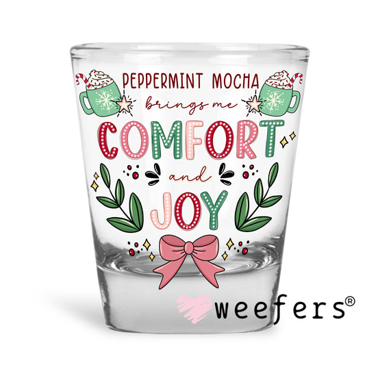 Peppermint Mocha Brings Me Comfort UV DTF Shot Glass Decal