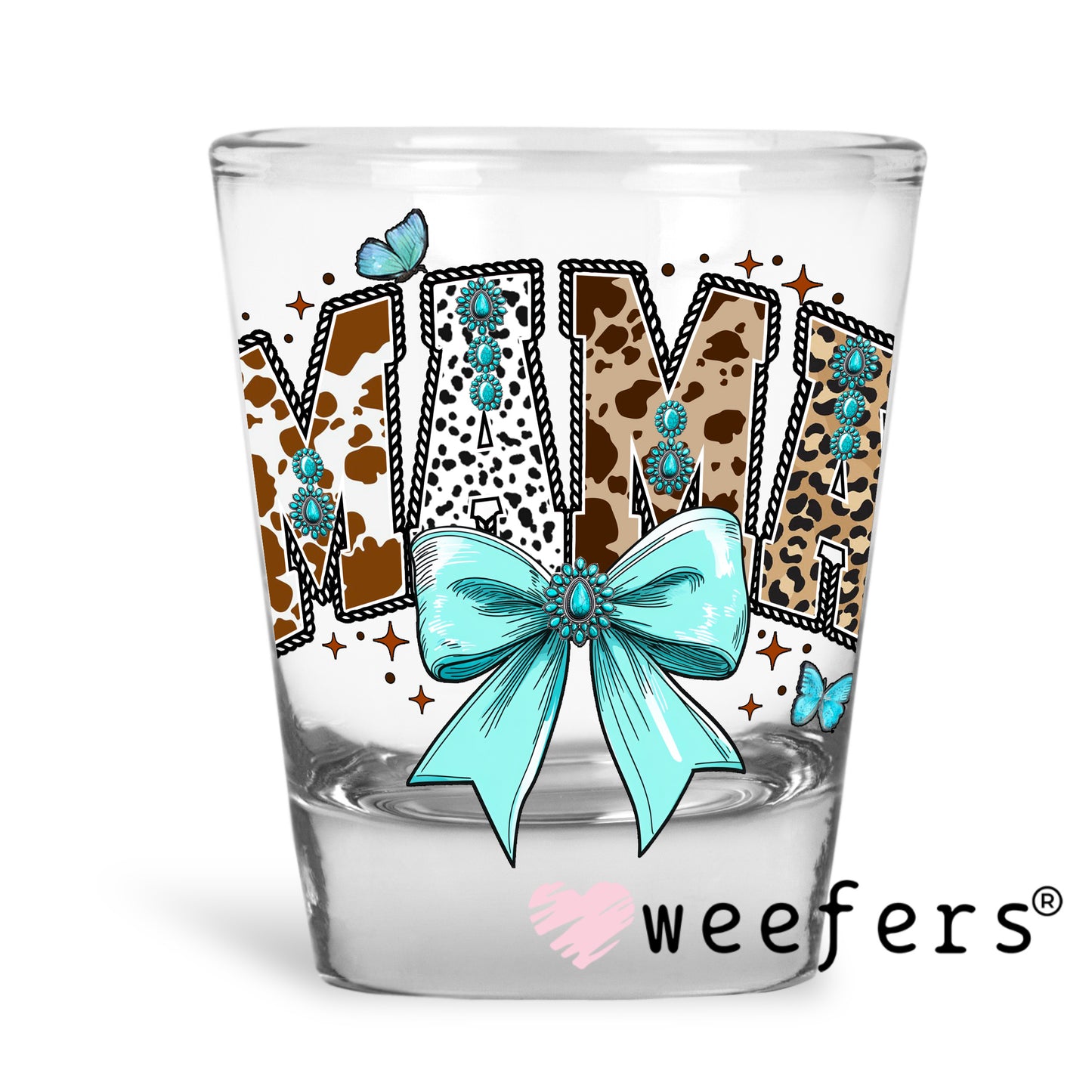 Mama Cow Print Bow UV DTF Shot Glass Decal