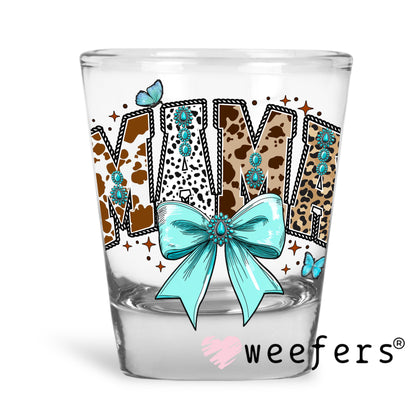 Mama Cow Print Bow UV DTF Shot Glass Decal