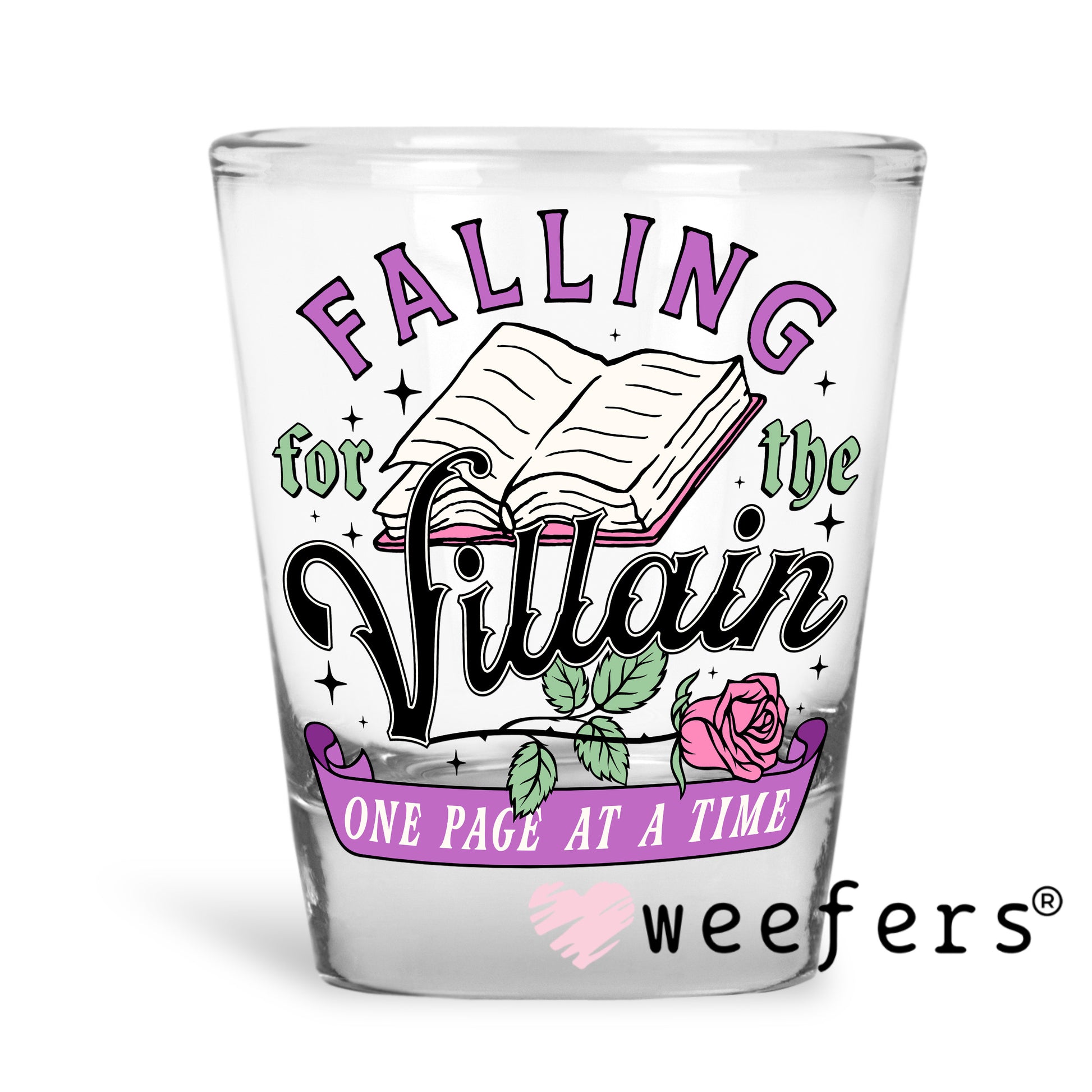 Falling for the Villain One page at a Time UV DTF Shot Glass Decal