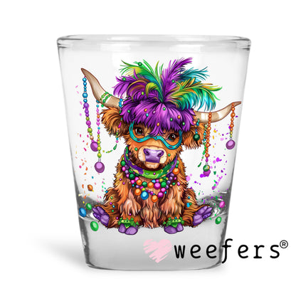 Mardi Gras Bougee Highlander Cow UV DTF Shot Glass Decal