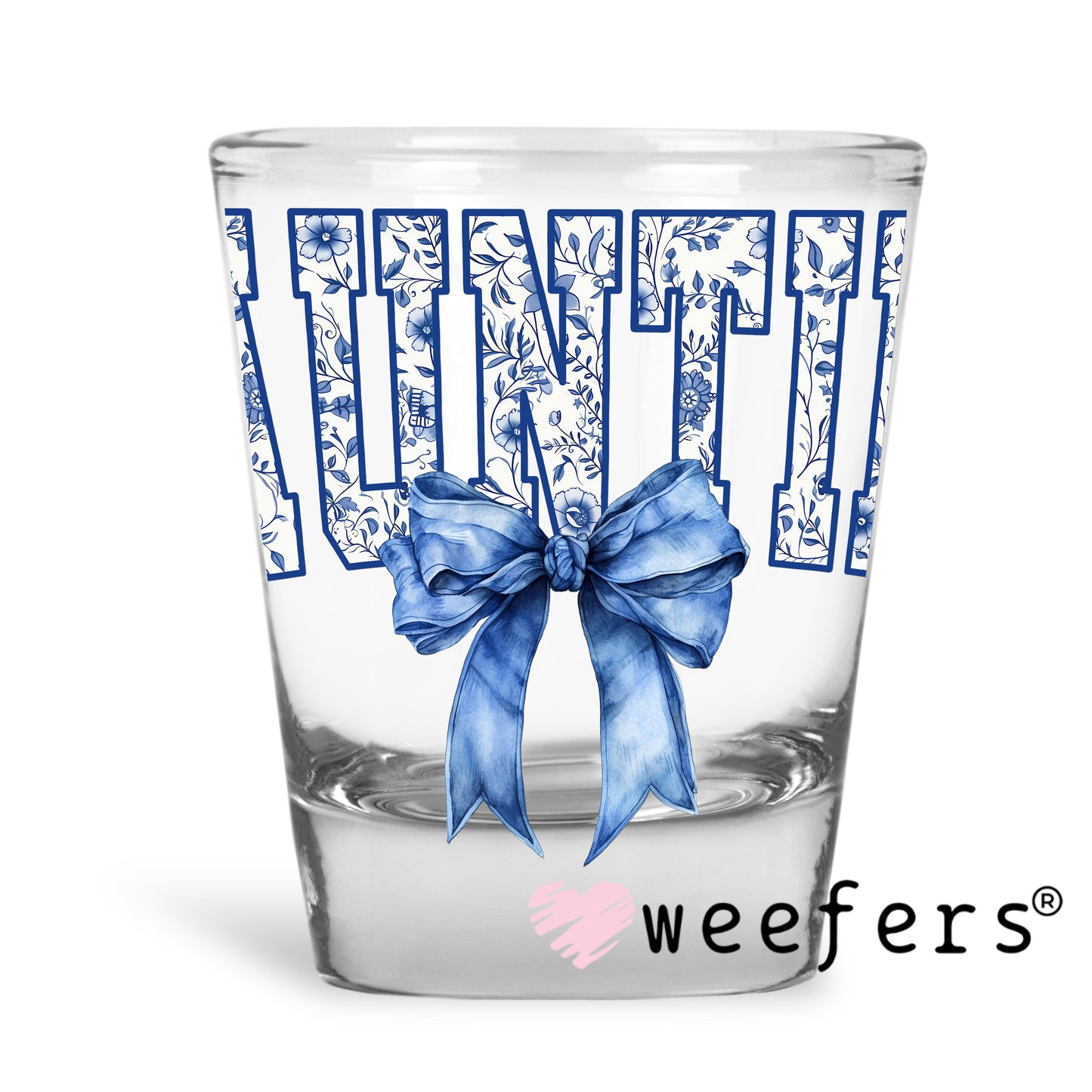 Auntie Blue Toile Bow UV DTF Shot Glass Decal