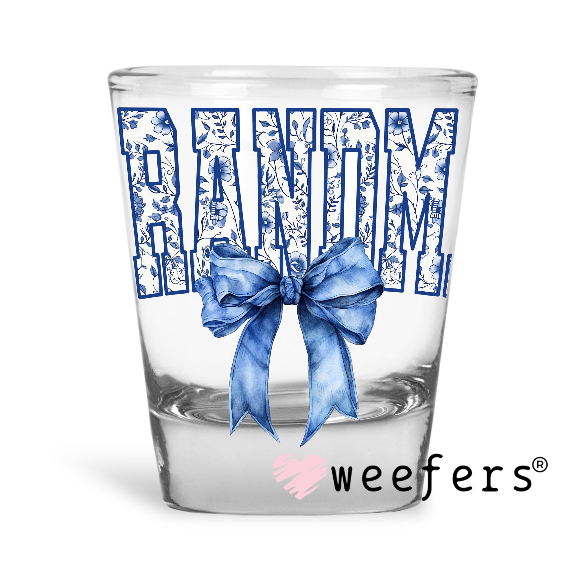 Grandma Blue Toile Bow UV DTF Shot Glass Decal