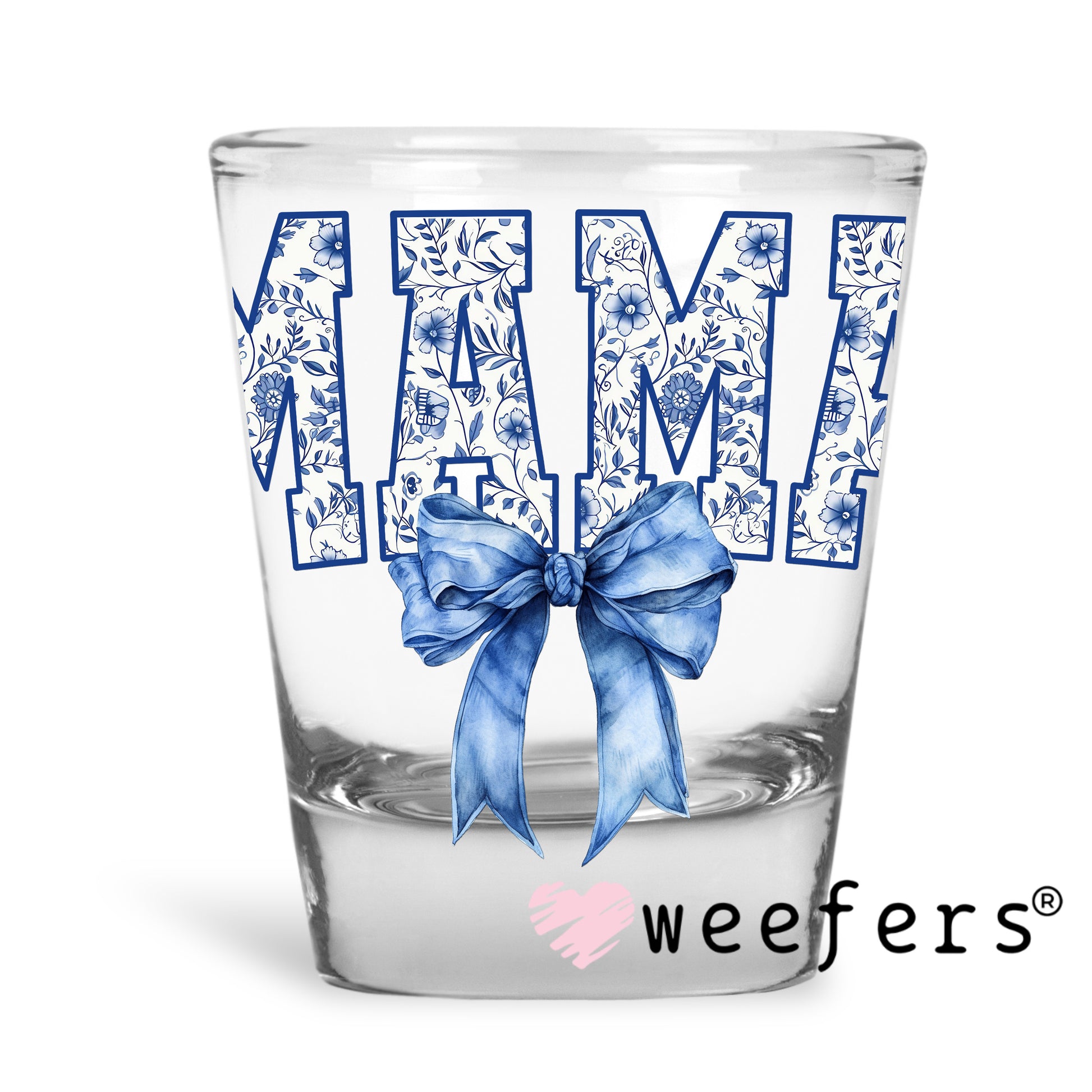 Mama Blue Toile Bow UV DTF Shot Glass Decal