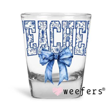 Teacher Blue Toile Bow UV DTF Shot Glass Decal