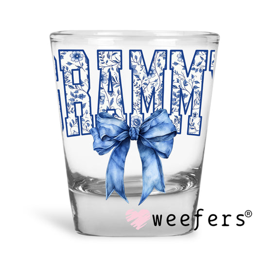 Grammy Blue Toile Bow UV DTF Decal Shot Glass Heavy Base Weefers