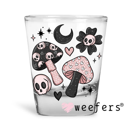 Pink and Black Mushrooms and Skulls UV DTF Shot Glass Decal