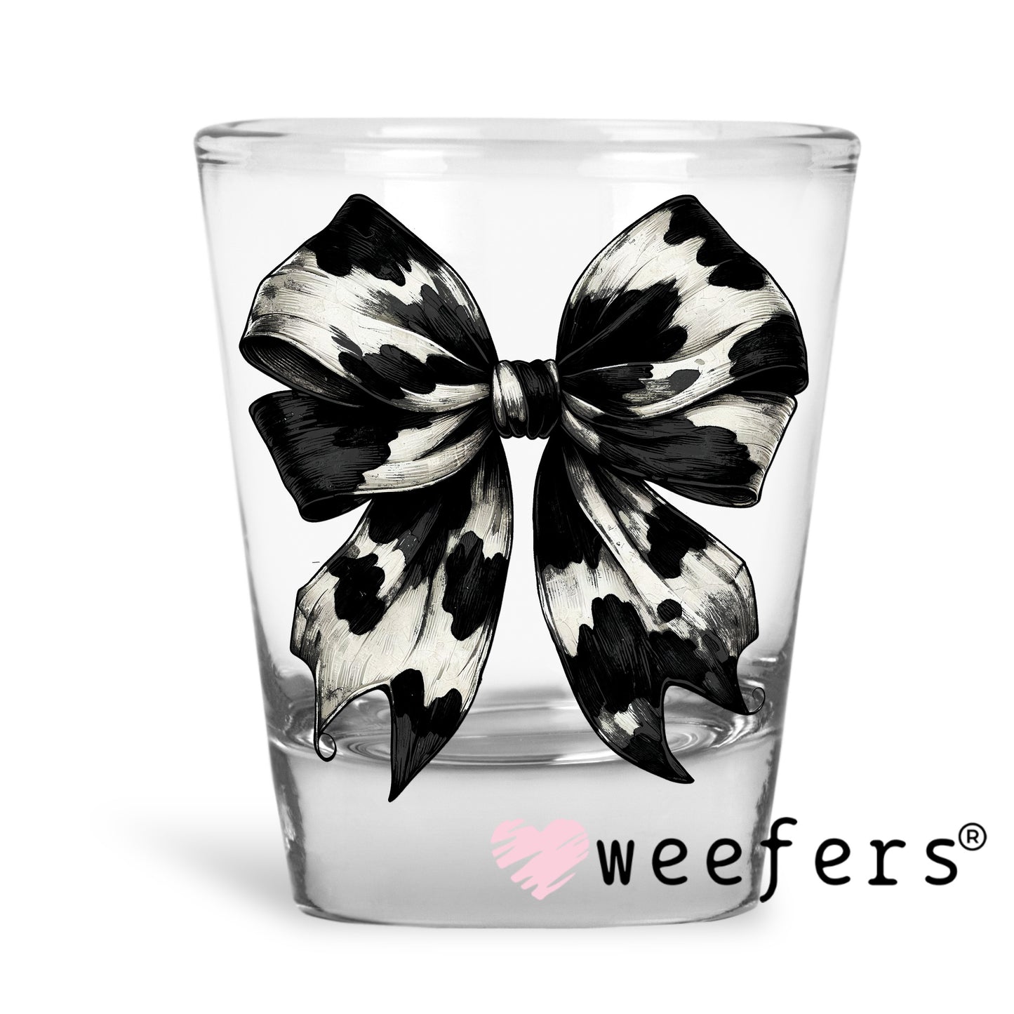 Black Cow Print Bow UV DTF 
Shot Glass Decal