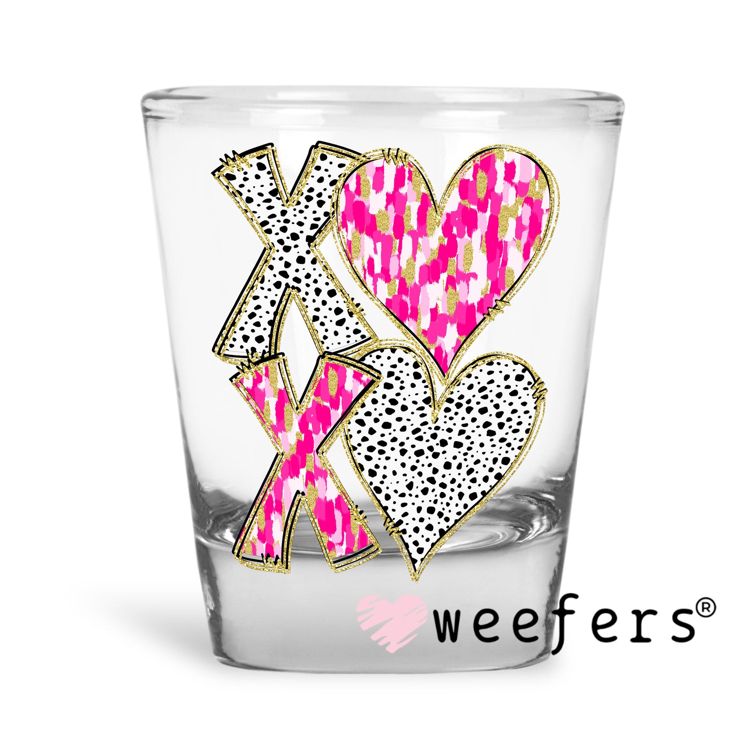 XOXO Pink Black Glitter Polka Dots UV DTF Shot Glass Decal