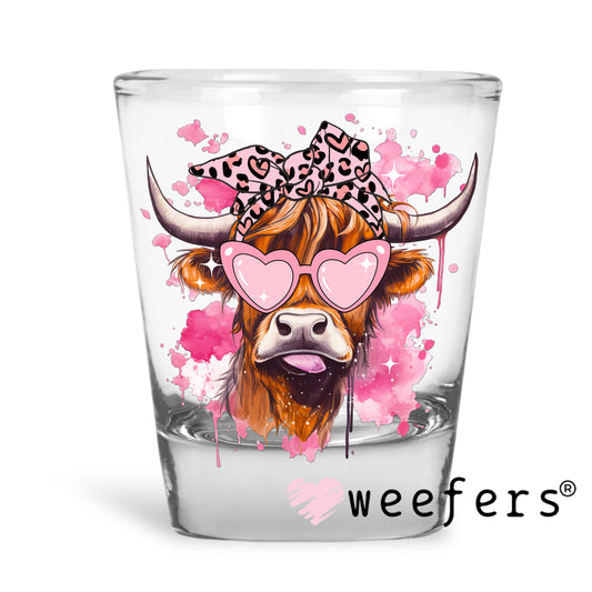 Bougie Pink Highlander Cow UV DTF Decal Shot Glass Heavy Base Weefers