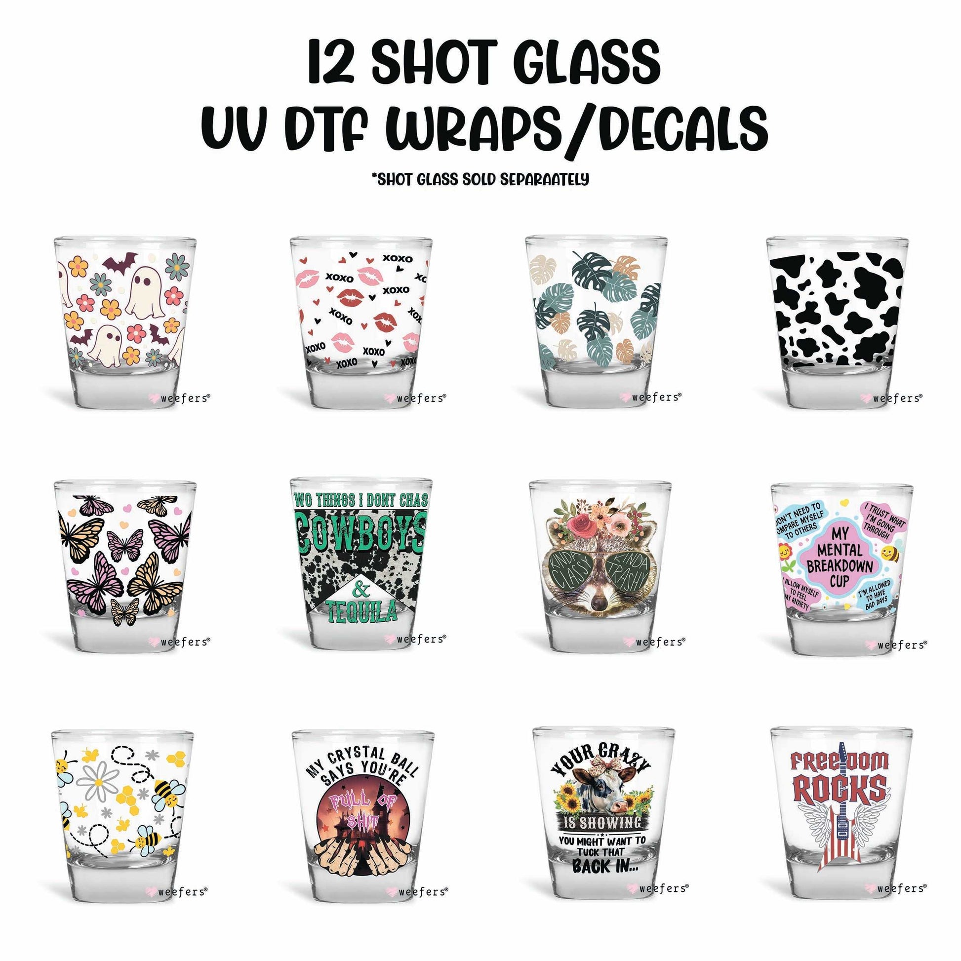 12 Shot Glass UV DTF Wraps - Decals Bundle - Vol. 8 - Weefers