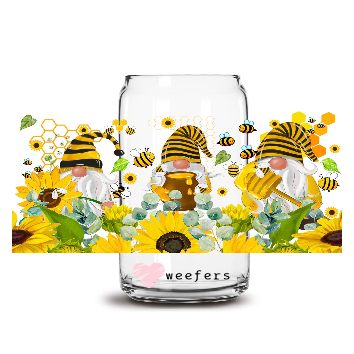 Yellow Bumble Bee Gnomes 16oz Libbey Glass Can UV DTF or Sublimation Wrap - Transfer - Weefers