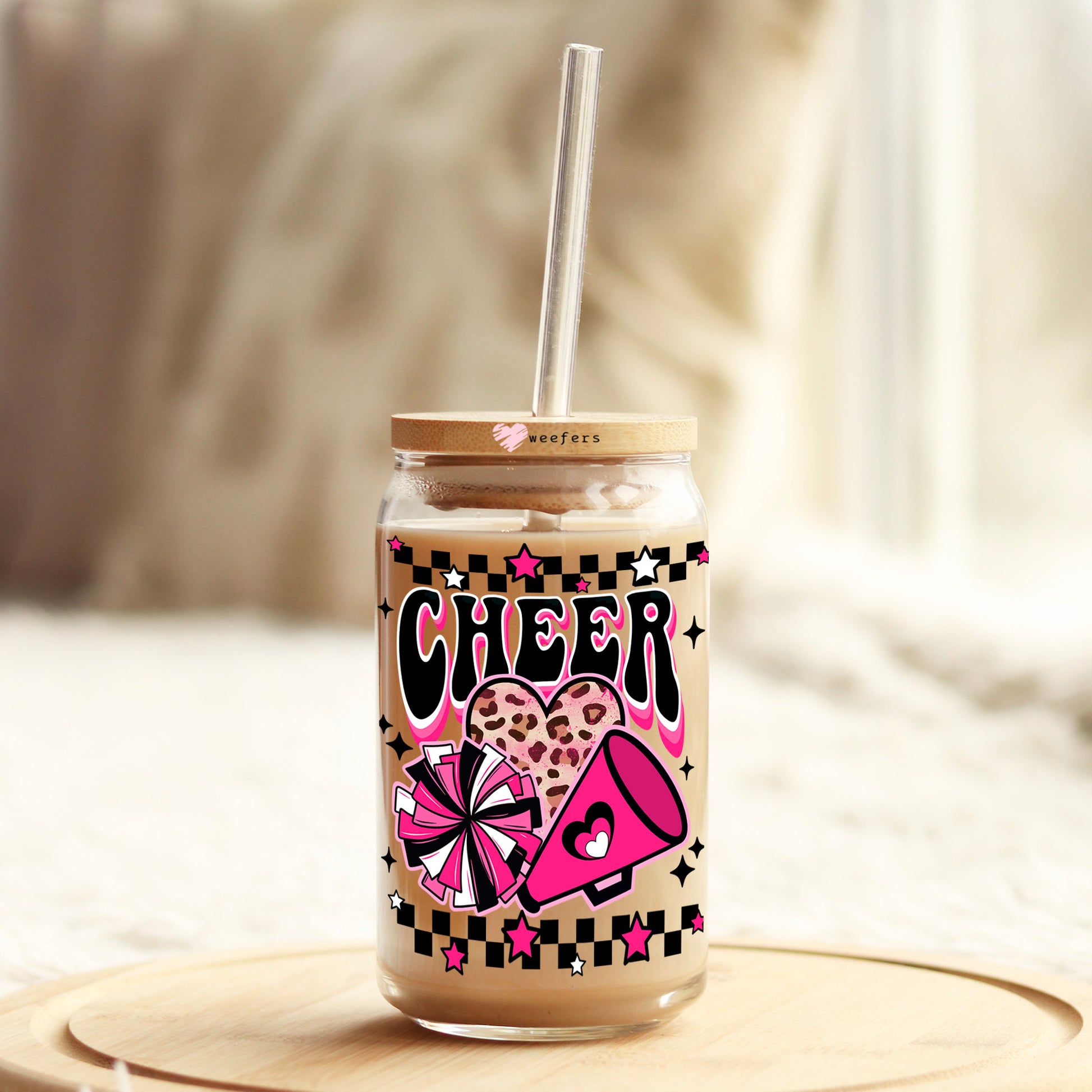 Cheer Hot Pink and Black 16oz Libbey Glass Can UV DTF or Sublimation Wrap - Decal - Weefers