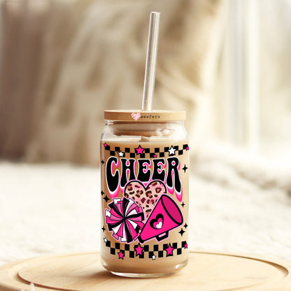 Cheer Hot Pink and Black 16oz Libbey Glass Can UV DTF or Sublimation Wrap - Decal - Weefers