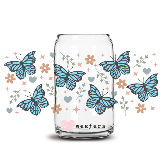 Blue Butterflies 16oz Libbey Glass Can UV DTF or Sublimation Wrap - Decal Transfer - Weefers