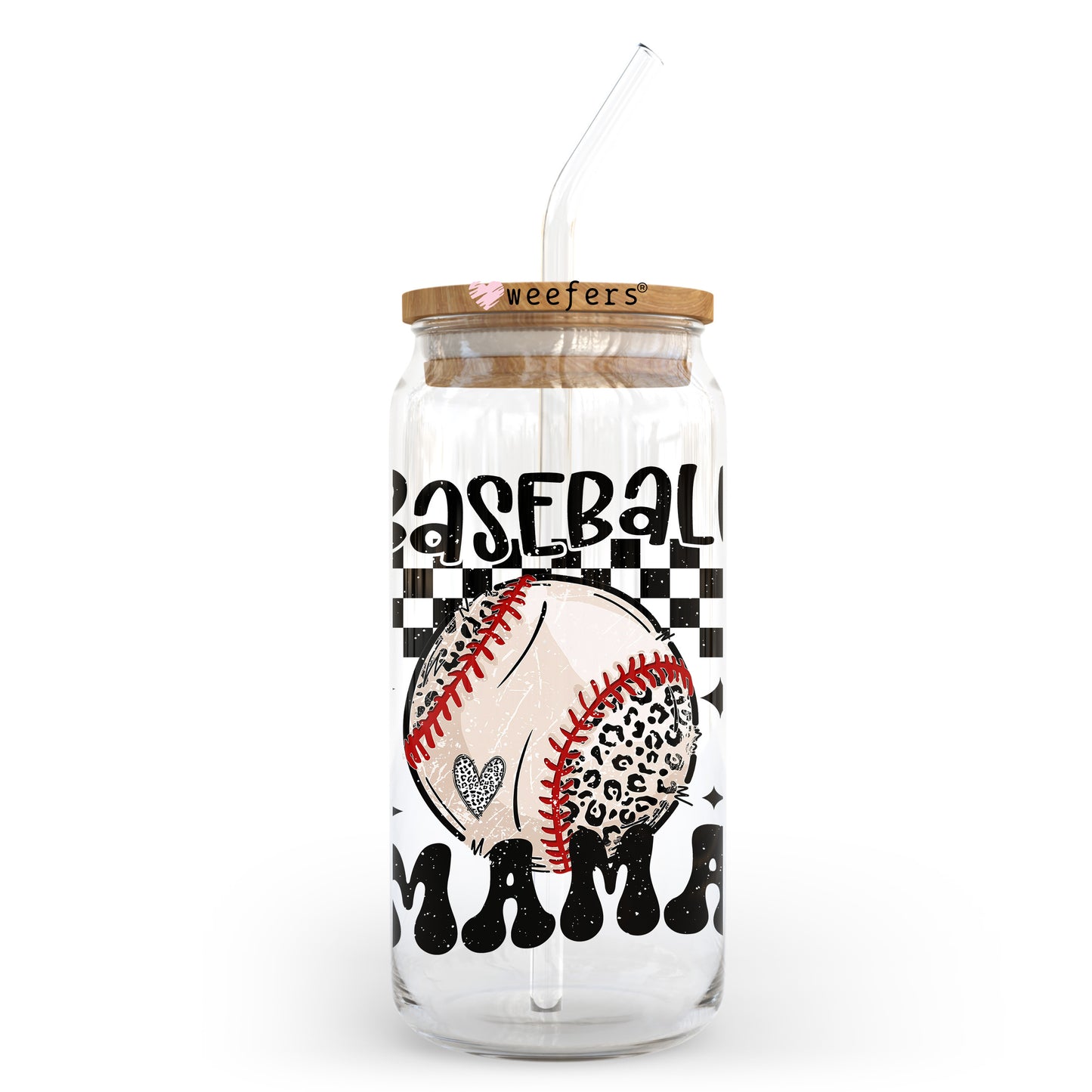 Baseball mama Checkered 20oz Libbey Glass Can UV DTF or Sublimation Wrap - Decal Transfer - Weefers