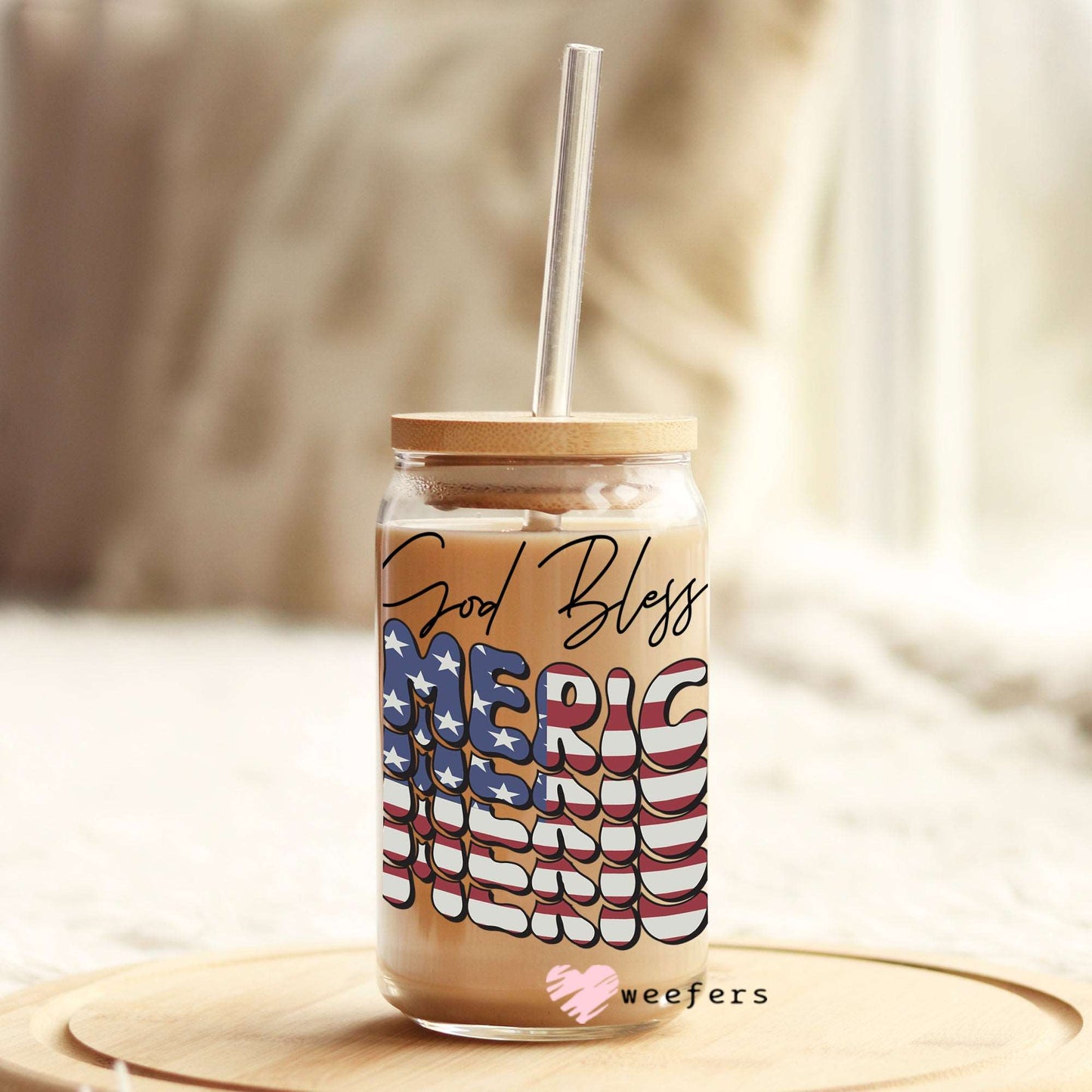 4th of July God Bless America 16oz Libbey Glass Can UV DTF or Sublimation Wrap - Decal - Weefers